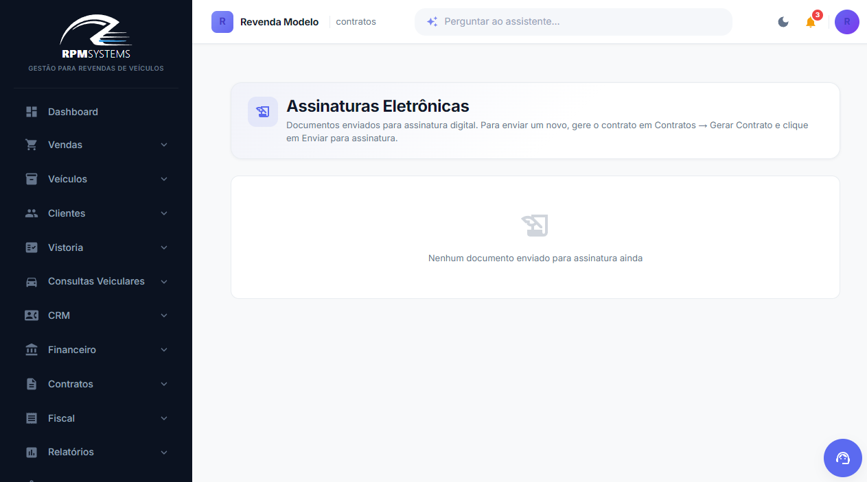 Tela de Assinaturas Eletrônicas no RPM Systems
