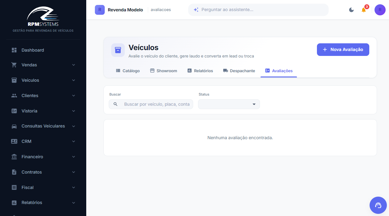 Tela de Avaliação de Veículo no RPM Systems