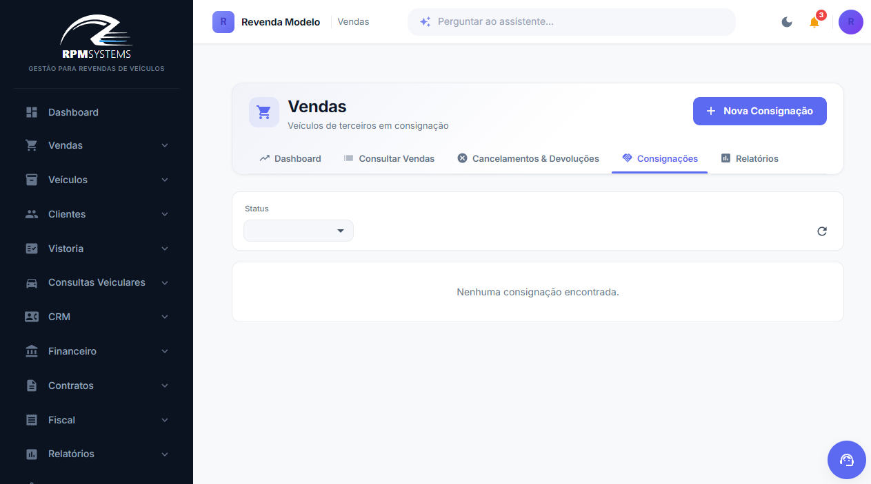 Tela de Consignações no RPM Systems