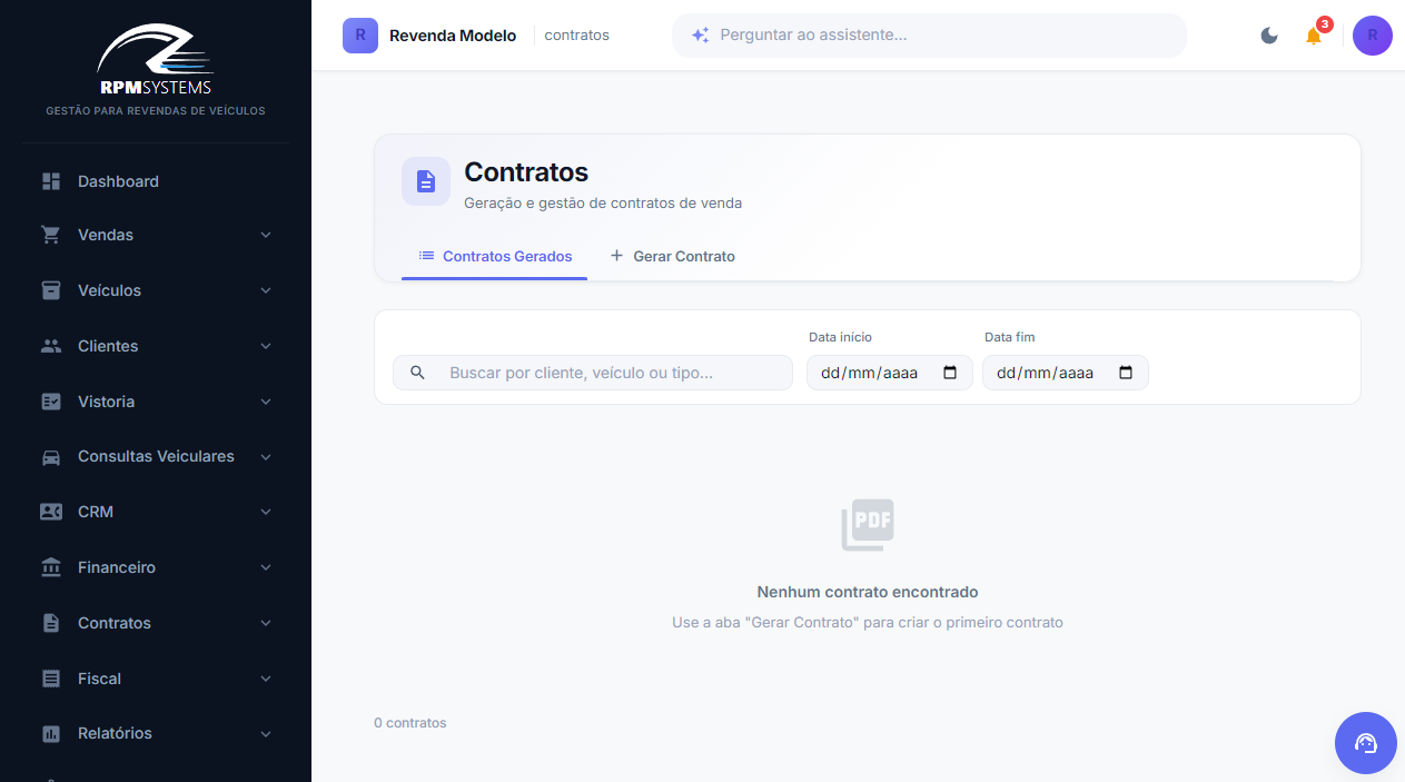 Tela de Contratos no RPM Systems