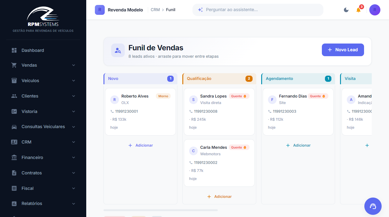 Tela de CRM de Vendas no RPM Systems