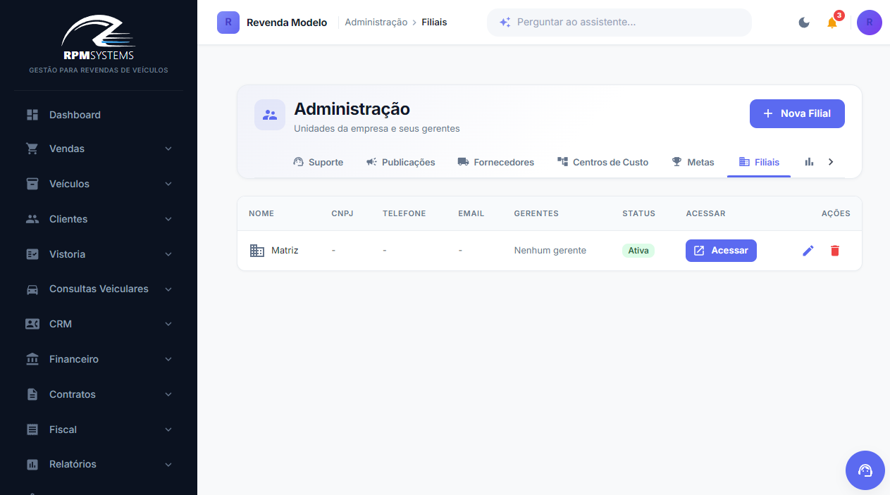 Tela de Filiais com o Assistente de IA do RPM Systems aberto