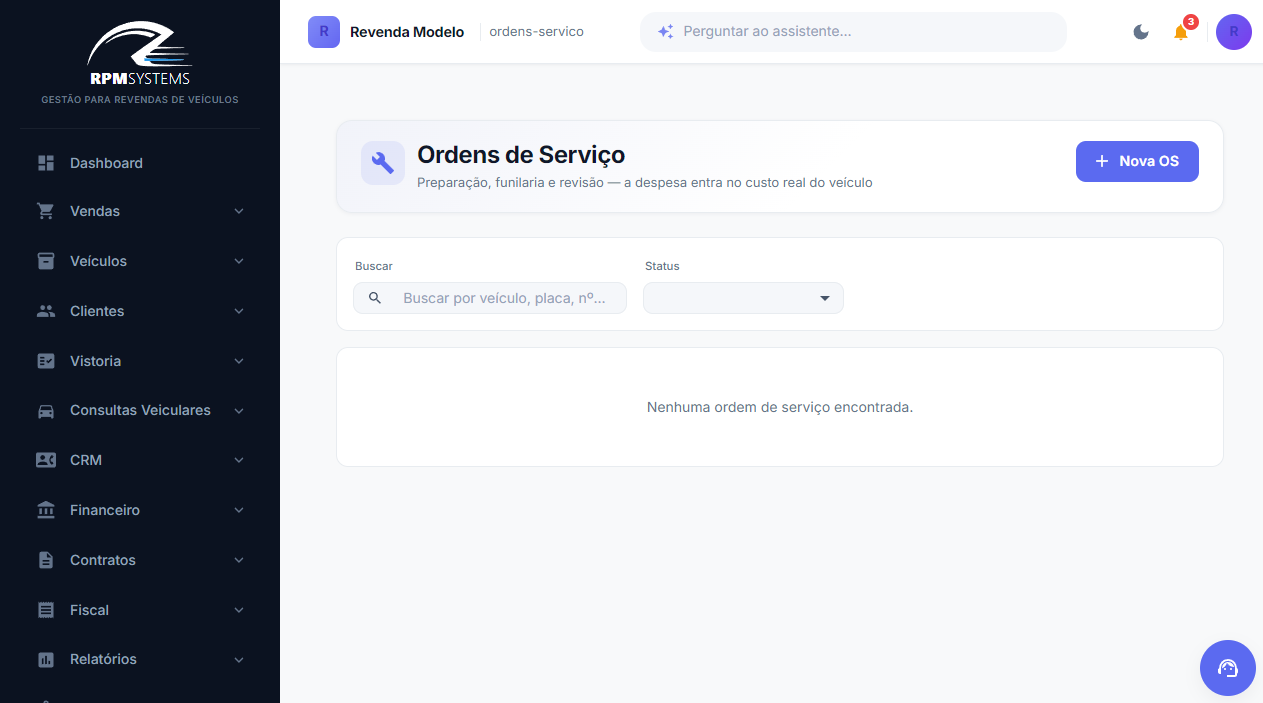 Tela de Ordens de Serviço no RPM Systems