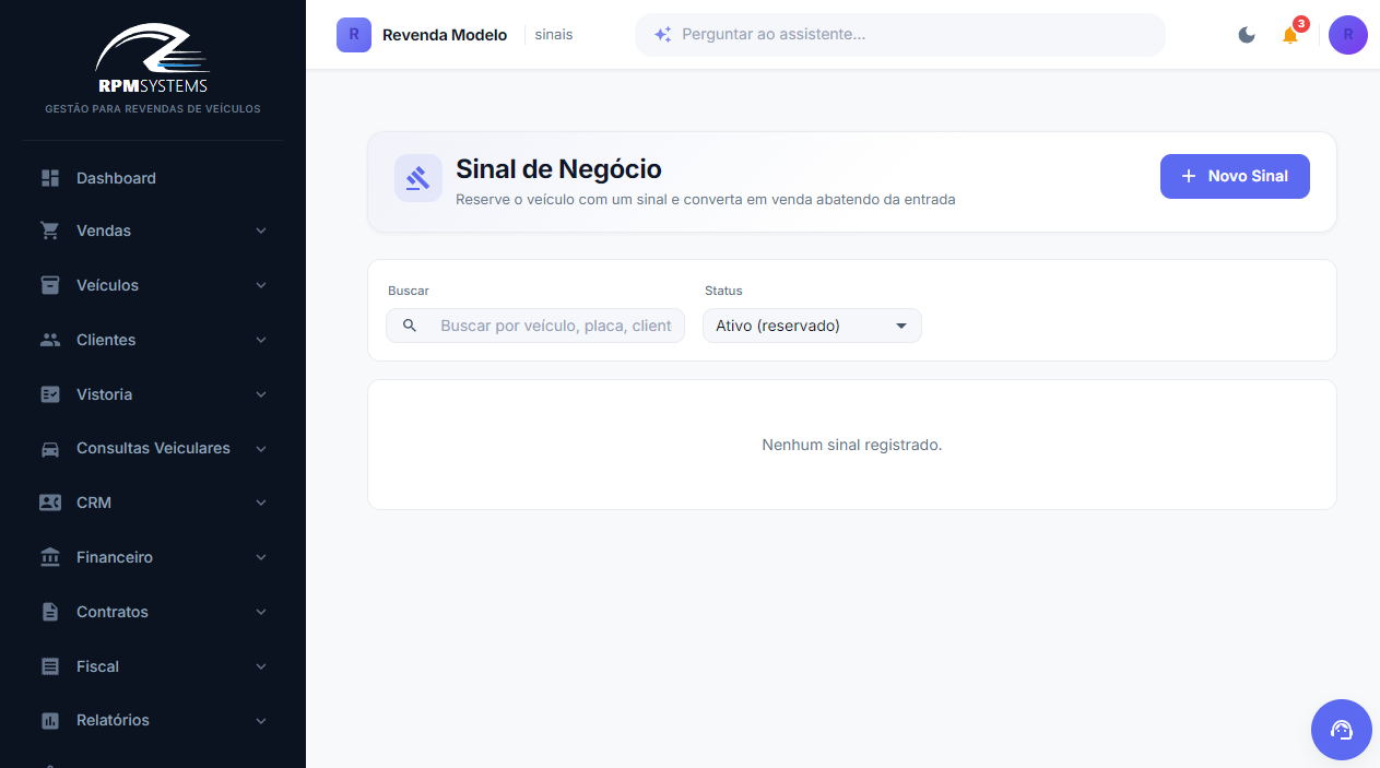 Tela de Sinal de Negócio no RPM Systems