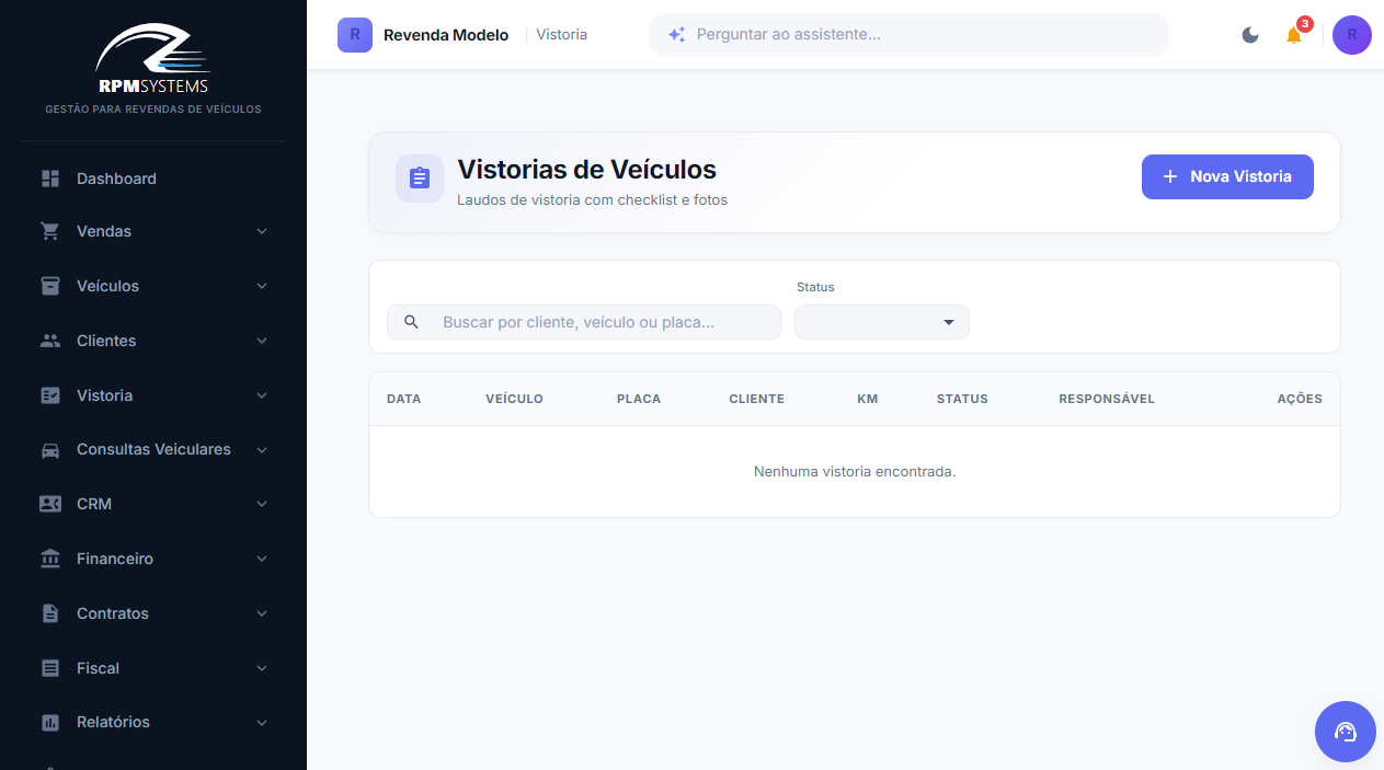 Tela de Vistorias de Veículos no RPM Systems